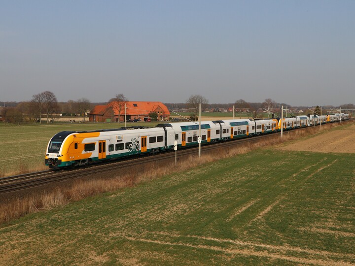 Ein grün-gelb weißer Zug des Typs DESIRO HC der Ostdeutschen Eisenbahn fährt in herbslicher Landschaft.