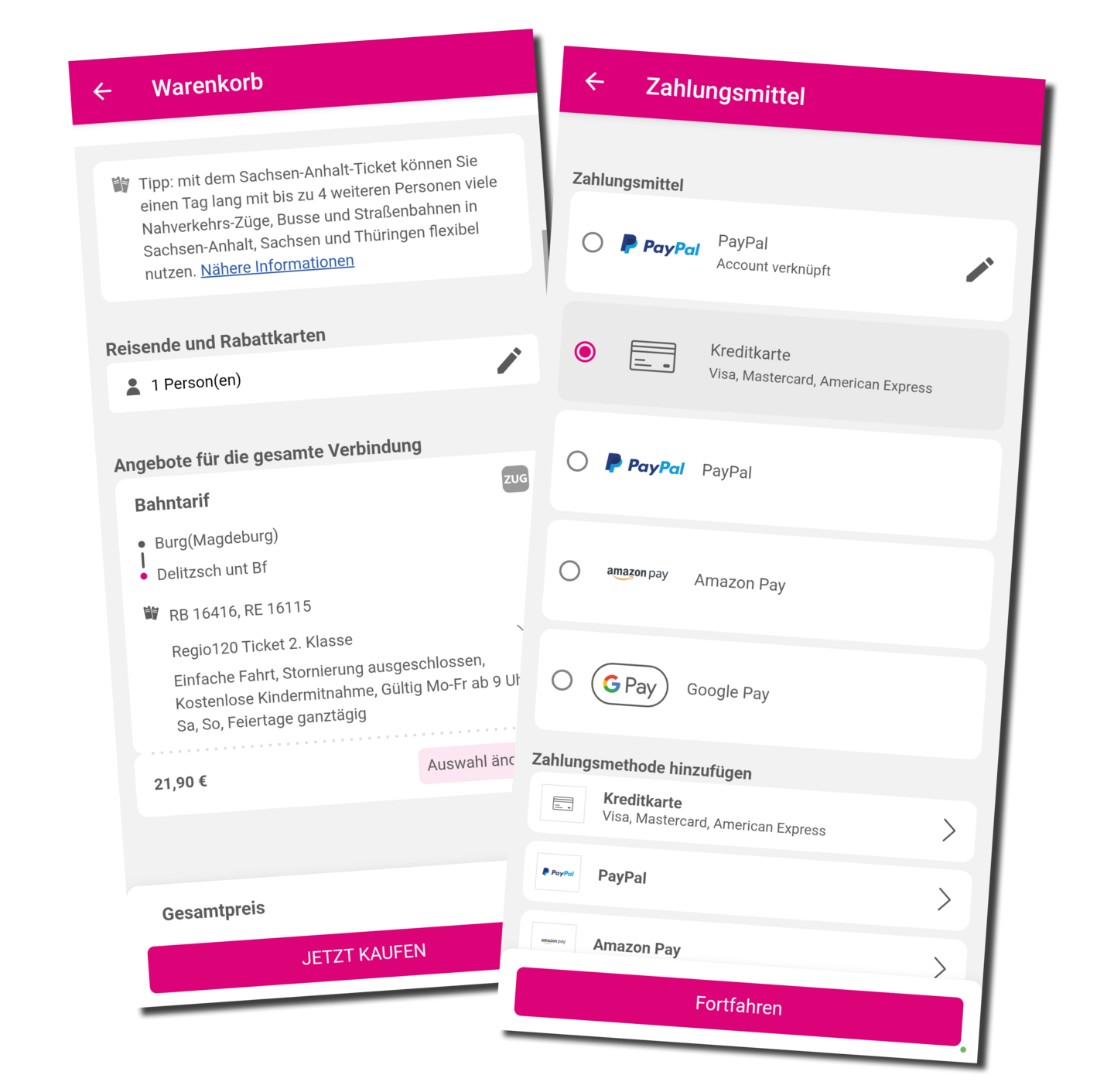Screenshots der Fahrplan-App INSA, welche die tarifübergreifende Kaufmöglichkeit von Tickets sowie die Auswahl der angebotenen Zahlungsmethoden zeigen