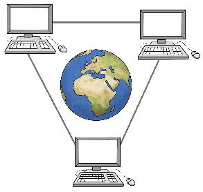 3 verbundene Computer mit Weltkugel in der Mitte